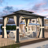 10'x12' Hardtop Gazebo, Double Metal Roof Canopy with Aluminum Frame, Netting and Shaded Curtains Included