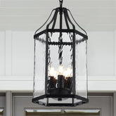10" Modern 5-Light Exterior Black Lantern Pendant Light Fixture with Clear Rippled Glass Mini Industrial Hanging Cage