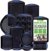 10-Piece Nonstick Bakeware Set - Heavy Duty Carbon Steel Trays w/Silicone Handles - Includes Cookie Sheets, 12-Cup