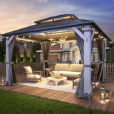 10' x 12' Outdoor Wood Gazebo - Permanent Wooden Hardtop Gazebo Pavilion with Double Curtains