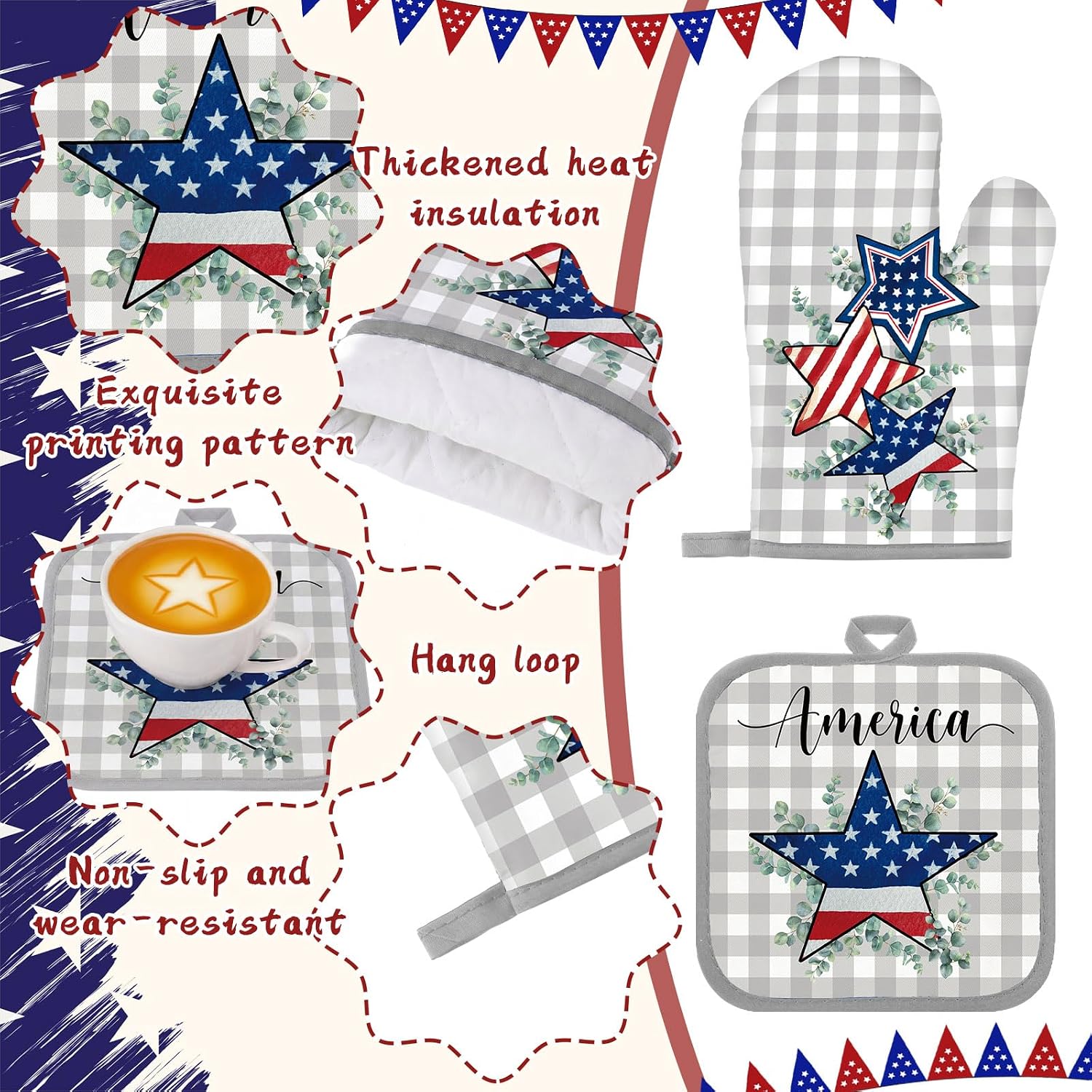 10 Pcs Patriotic Kitchen Decor and Accessories Set Star Pattern 4th of July Kitchen Towels Pot Holders Oven Mitts